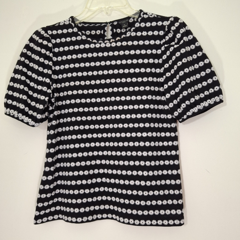 Ann Taylor Petite Black and White Embroidered Flowers Striped Women's Top, SP